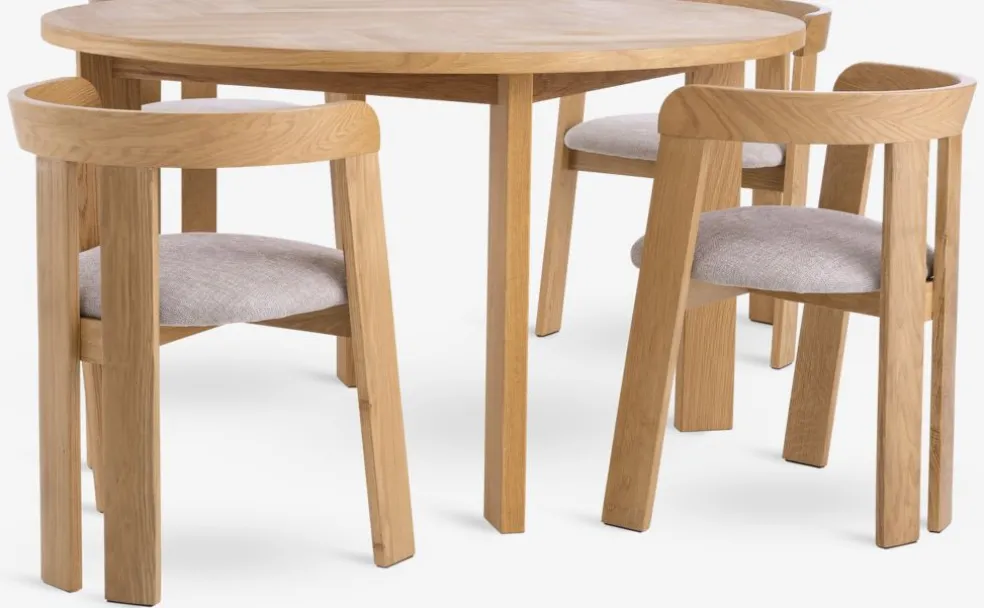 HARESKOV + BOVRUPMesa HARESKOV Ø129 roble natural + 4 sillas BOVRUP roble