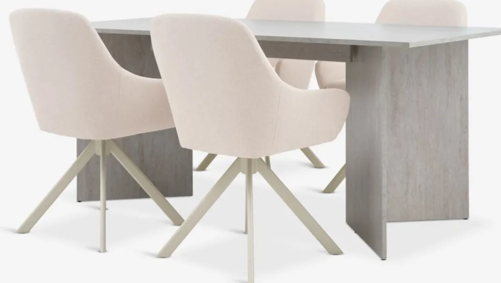 KRONDAL + ROSTRUPMesa KRONDAL L180 travertino + 4 sillas ROSTRUP beis
