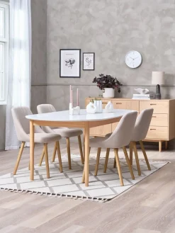 MARSTRAND + ADSLEVMesa MARSTRAND Ø110 blanco + 4 sillas ADSLEV beis