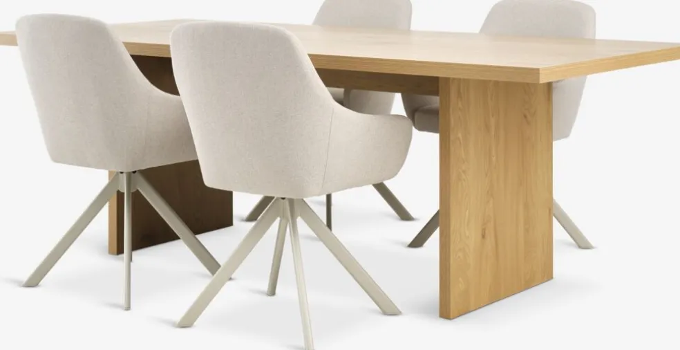 MUNKEBY + ROSTRUPMesa MUNKEBY L220 roble cálido + 4 sillas ROSTRUP beis