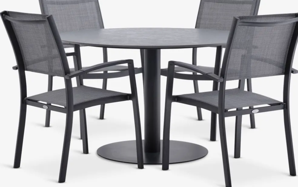 VAMDRUP + STRANDBYMesa VAMDRUP Ø120 + 4 sillas STRANDBY gris